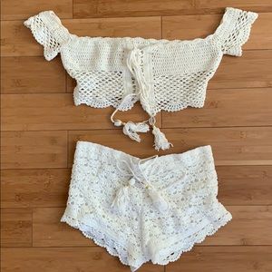 crochet off the shoulder off white top & shorts